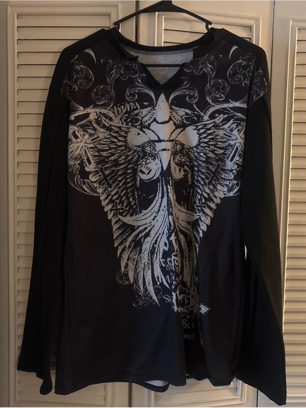 Men's Long Sleeve Black Graphic Tee with Wing Design